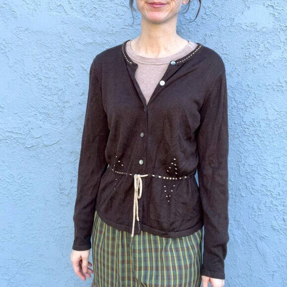 90s Brown Cardigan in Large Liz Claiborne preppy minimalist goblincore - Picture 5 of 13